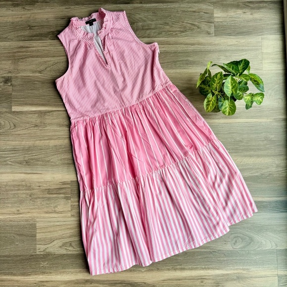 J.Crew Sleeveless Seersucker Tiered Popover Mixed Stripe Pink Poplin Dress Siz S - Picture 2 of 13